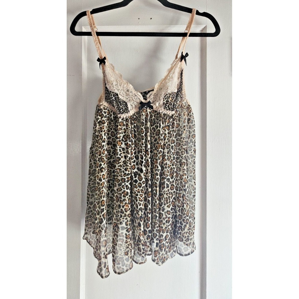 Victoria's Secret babydoll slip leopard print lace trim ribbon back tie L
